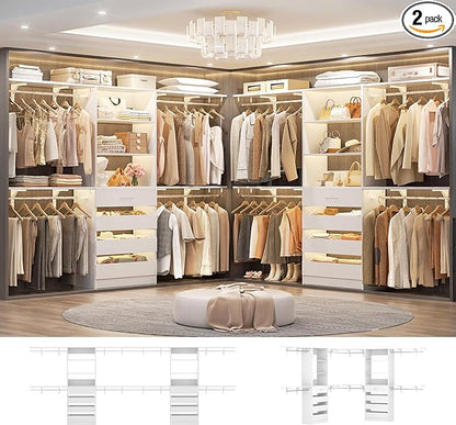 Aheaplus Closet System with Drawers Set of 2, Wood Closet Organizer System with 8 Hanging Rods & Top Shelves, Walk-in Closets Organizer Wardrobe Clothes Rack System, Cut Fits Spaces 4-9FT, White1