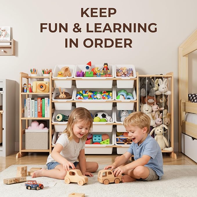 Toy Storage Organizer with Bookshelf and Stuffed Animal Storage - Kids Playroom Organization with Shelves and 12 Toy Bins - Toddler Living Room Toy Box for Lego - Nursery Bedroom Decor Essentials