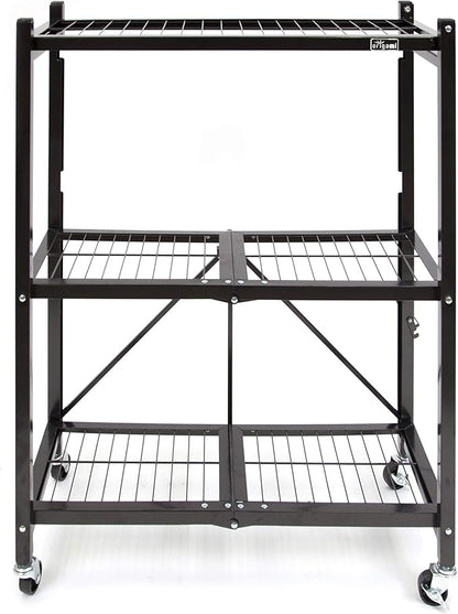 Origami 3-Shelf General Purpose Collapsible/Foldable Shelving Unit, Small Rack with Wheels | Organizer, Rolling Cart, Home Kitchen Laundry Closet Storage, Metal Wire, Pre-Assembled | Black