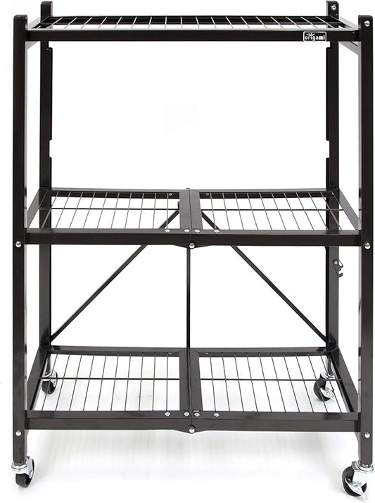 Origami 3-Shelf General Purpose Collapsible/Foldable Shelving Unit, Small Rack with Wheels | Organizer, Rolling Cart, Home Kitchen Laundry Closet Storage, Metal Wire, Pre-Assembled | Black
