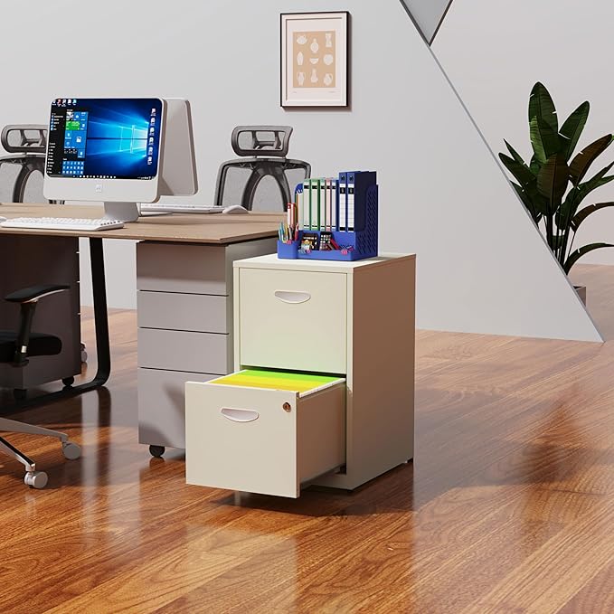 2 Drawer File Cabinet with Lock, Locked Filing Cabinets for Home Office, Small File Cabinets for Under Desk, Metal Files Cabinet for Hanging Letter Size, Cream, Assembly Required