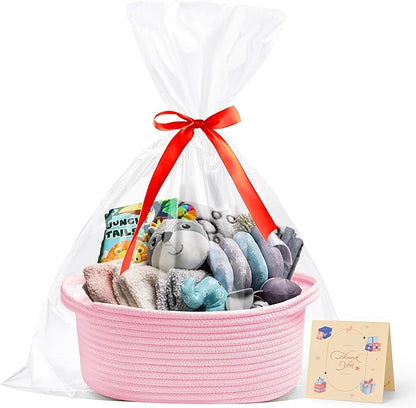 Small Woven Pink Gifts Basket for Storage Empty with Ribbons and Bags Durable Cute Gifts 12"X 8" X 5" Small Rope Basket for Gifting