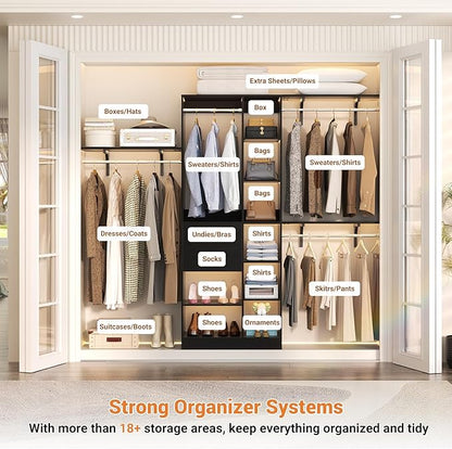 Upgraded 96 Closet System with 18 Storage Place, 8FT Closet Organizers System with 13 Shelves and 2 Wooden Drawers, 96'' Walk-in Closet with 4 Hanging Rods, Adjustable Garment Rack, Black