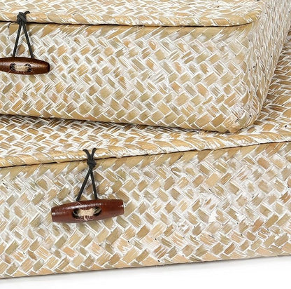 Set of 2 Flat Seagrass Storage Bins with Lid Wicker Storage Baskets for Organizing, Woven Shelf Organizer Bins Home Utility Organizer Box for Home & Office Supplies