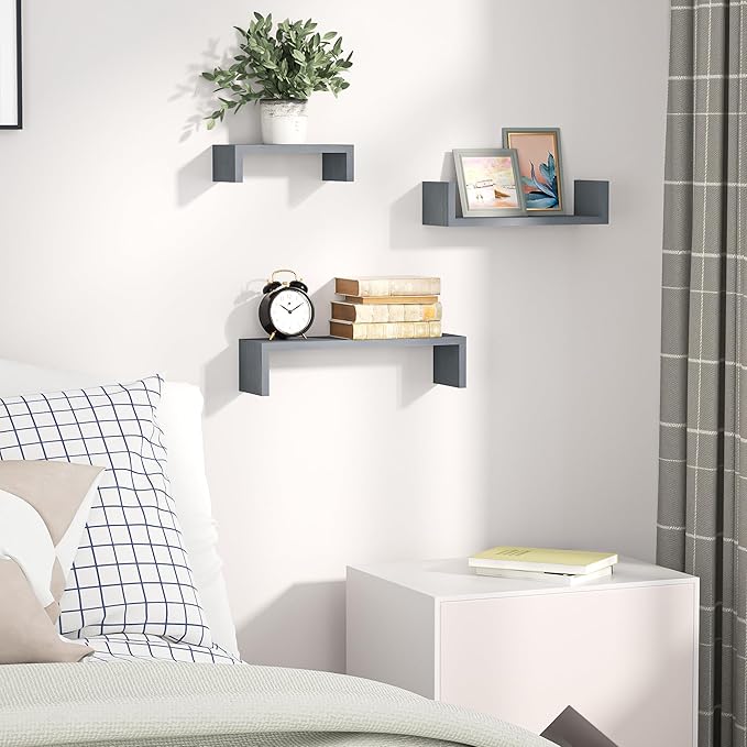 SRIWATANA Floating Shelves Wall Mounted, Solid Wood Wall Shelves, Weathered Gray…