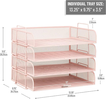Mind Reader Stackable Paper Tray, Desktop Organizer, File Storage, Office, Metal Mesh, 4 Pcs., Pink