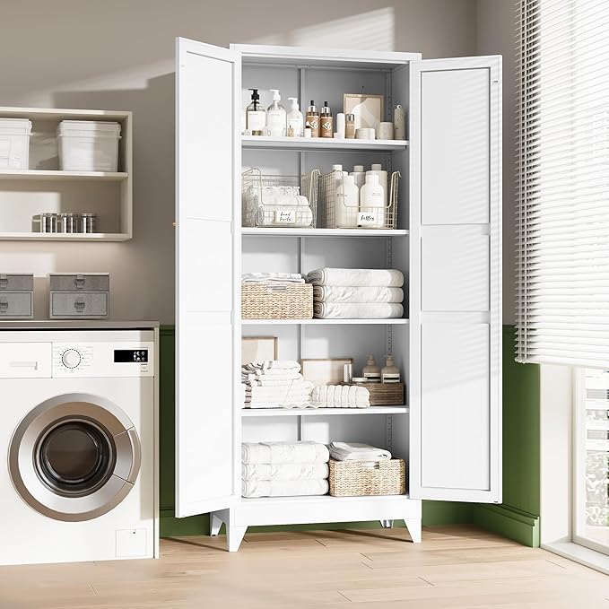 Letaya 75" H Metal Storage Cabinet with 2 Doors and 4 Shelves,Tall Kitchen Pantry Cabinets,Farmhouse Utility Pantry Organizers for Cupboard/Dining/Bathroom/Home Office/Garage Room,White
