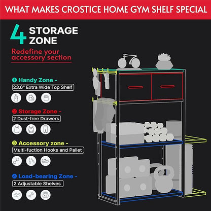Home Gym Storage Shelf Stand Only, Adjustable Weight Rack for Dumbbells Plus Extra Upper Drawer, for Weight, Mat and Workout Equipment, Large Capacity Gym Organizer with 4-Tier, Easy-assembly