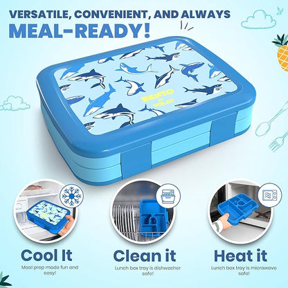 YOLAY Bento Box for Kids Lunch Box Leak-Proof, 5-Compartment Lunch Box Kids for Ages 3-10, Durable with Anti-Slip Base, Suitable for Schools, Outdoor and Travel (Mermaid) (Shark)