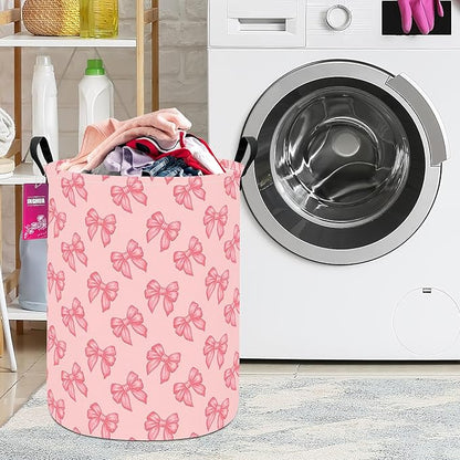 Laundry Hamper Large Canvas Fabric Lightweight Storage Basket/Toy Organizer/Dirty Clothes Collapsible Waterproof for College Dorms, Boys and Girls Bedroom,Bathroom(Pink bowknots)