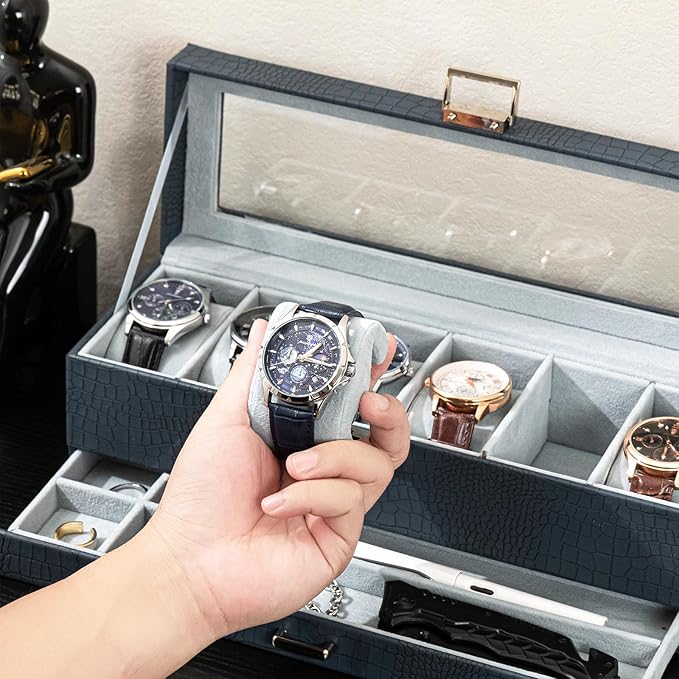 ProCase Watch Box, 6 Slot Watches Display Case with Drawer, Mens Watch Case with Glass Lid, 2-Layer Mens Jewelry Organizer Storage Holder, Birthday Valentine Gifts for Men -6 Slot, CrocCobaltBlue