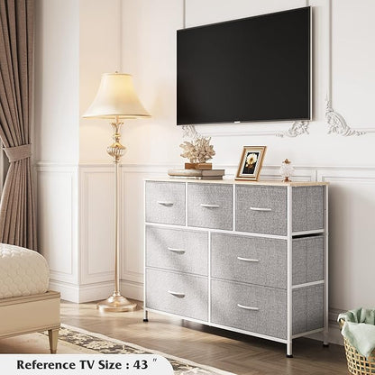 WLIVE 7 Drawer Dresser TV Stand, Entertainment Center, Media Console Table with Metal Frame and Wood Top for TV up to 45 inch, Chest of Drawers for Bedroom, Living Room, Light Grey
