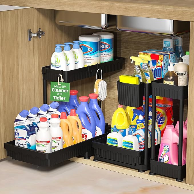 3 Pack Multi-Purpose Under Sink Organizers and Storage, 2026 L-Shaped Pull Out Cabinet Organizer for Bathroom & Kitchen, Under Cabinet Organizer with Hooks Hanging Cup (Black, 12.85 inch)