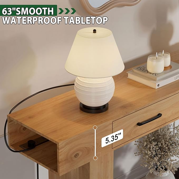 63" Console Table for Entryway, Farmhouse Sofa Tables with Drawers and Outlet, Narrow Long Accent Table for Entrance Hallway Living Room, Natural