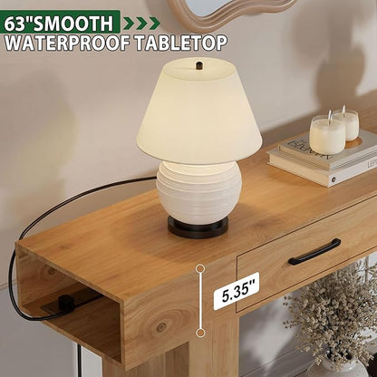 63" Console Table for Entryway, Farmhouse Sofa Tables with Drawers and Outlet, Narrow Long Accent Table for Entrance Hallway Living Room, Natural