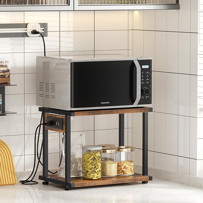 2-Tier Printer Table with Charging Station for Home Office Organization - Small Stand with Wheels for Scanner, Under or Beside Desk Storage Cart - Rustic Brown