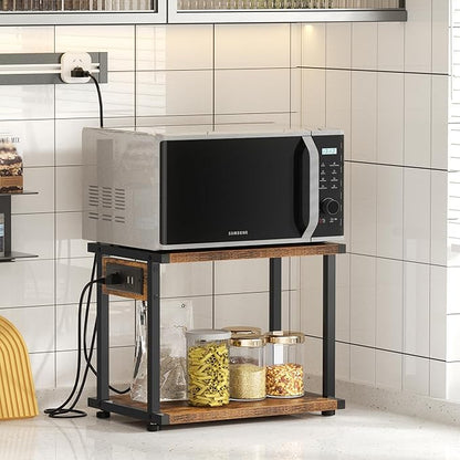 2-Tier Printer Table with Charging Station for Home Office Organization - Small Stand with Wheels for Scanner, Under or Beside Desk Storage Cart - Rustic Brown