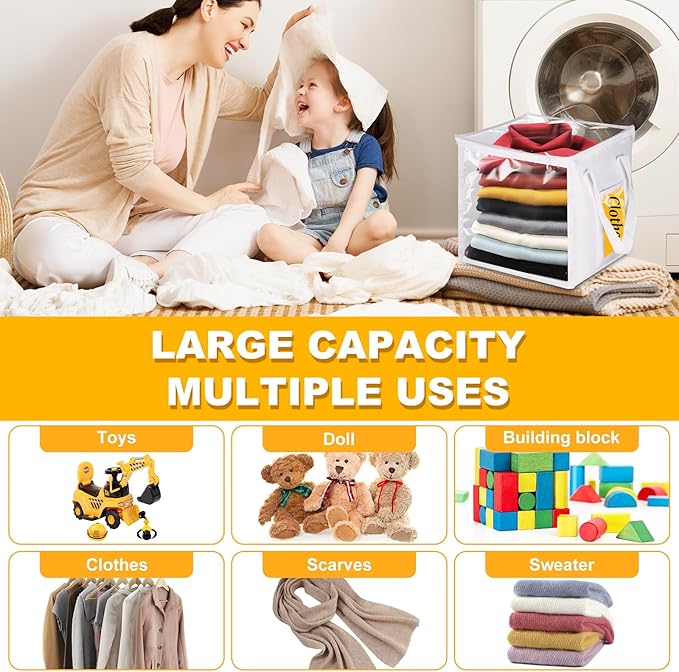 4 Pack Clear Toy Storage Bins with Lids - 12" x 12" Storage Cube Bins, Foldable PVC Boxes with Handles, Storage Organizers for Toys, Clothes, Blocks, Stuffed Animal Storage(White)