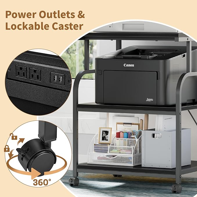 VECELO Large Printer Stand with Power Outlet, 3-Tier Rolling Cart with Adjustable Shelf & Lockable Wheels, Heavy Duty Utility Table for Home Office, 18.9"x23.6"x30.2", Black