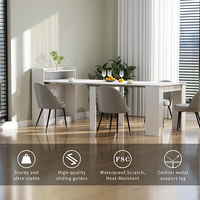 Transformer Table, Folding Console to Large Dining Table, Expandable Dining Table for 2-9 People, Space Saving Extendable Dining Room Furniture, White