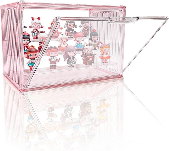 Clear Doll Display Box Compatible with Labubu - Stackable Organizer for 15-17cm Dolls & Accessories, Transparent Display Case for Collectibles, Action Figures, and Toy Clothes (Pink)