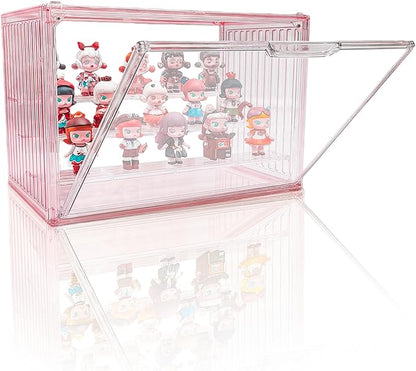 Clear Doll Display Box Compatible with Labubu - Stackable Organizer for 15-17cm Dolls & Accessories, Transparent Display Case for Collectibles, Action Figures, and Toy Clothes (Pink)