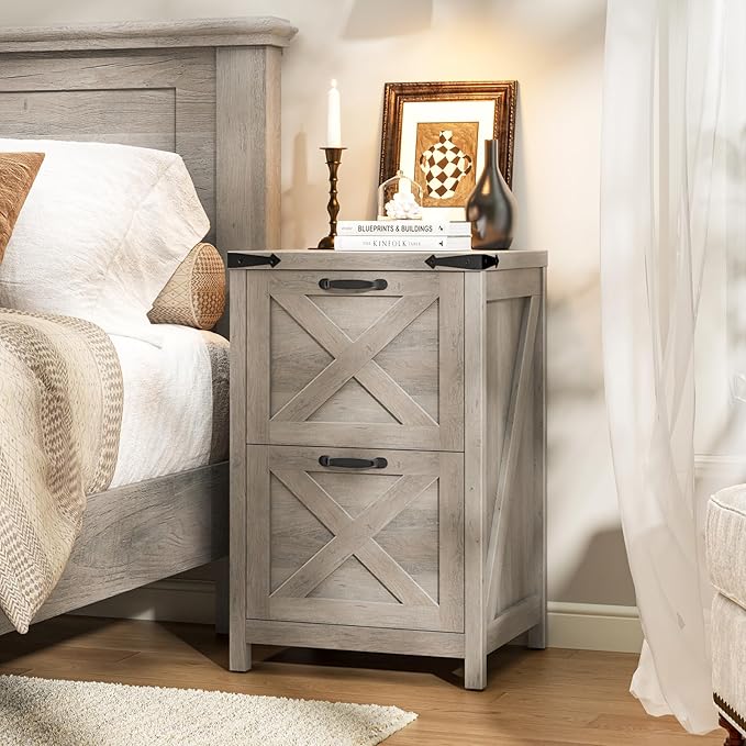 2 Drawer Small File Cabinet, Farmhouse Vertical Filing Cabinet Fits Letter and A4 Size, Under Desk Wooden File Cabinets for Home Office, Printer Stand, Grey