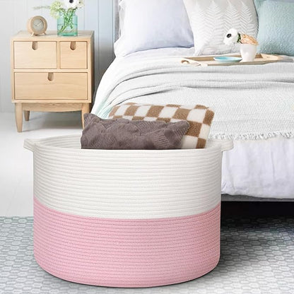 115L Pink Basket for Organizing, 23.6“x15.7" XXXL Blanket Storage for Living Room, Extra Large Toy Box, Soft Woven Cotton Rope Bin, Decorative Baby Nursery Basket, Girls Pink Room Decor