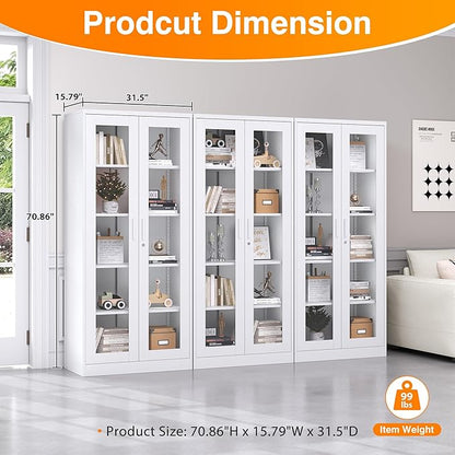 Tall Display Storage Cabinet with Tempered Glass Door, Metal Cabinet with 4 Adjustable Shelves for Home,Study,Living Room and Office (White)