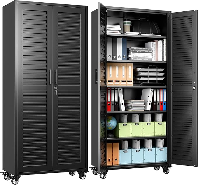 Garage Storage Cabinet with Wheels, 71" H Lockable Metal Storage Cabinet with 5 Adjustable Shelves for Garage,Warehouse, Home, Assembly Required, Black