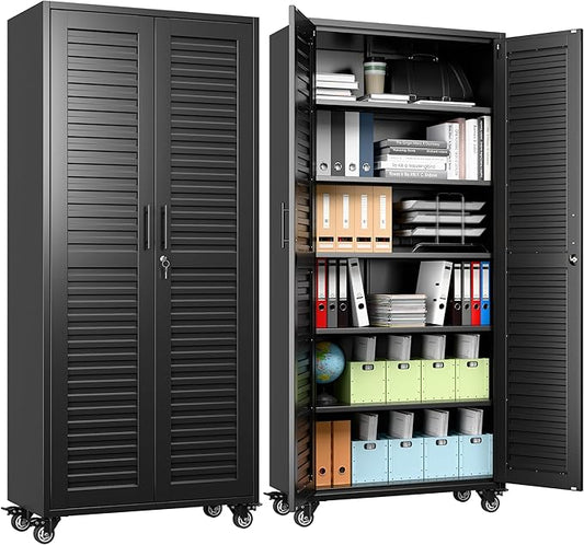 Garage Storage Cabinet with Wheels, 71" H Lockable Metal Storage Cabinet with 5 Adjustable Shelves for Garage,Warehouse, Home, Assembly Required, Black