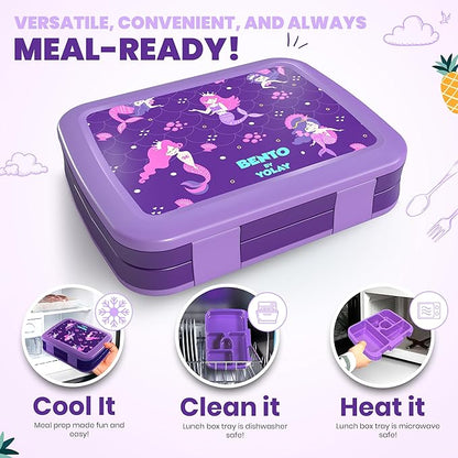 YOLAY Bento Box for Kids Lunch Box Leak-Proof, 5-Compartment Lunch Box Kids for Ages 3-10, Durable with Anti-Slip Base, Suitable for Schools, Outdoor and Travel (Mermaid) (Princess)