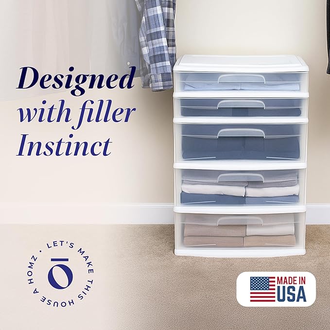 HOMZ Drawer Tower, 5-Tier Extra-Wide Clear Plastic Storage Organizer Cart, White Frame - Organizing Containers for Home, Office, Bathroom, Bedroom, and Classroom