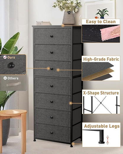 Tall Fabric Dresser for Bedroom, Vertical Storage Organizer Tower with 7 Drawers, Chest of Drawers with Bins, Steel Frame, Wood Top for Bedroom, Closet, Entryway Grey