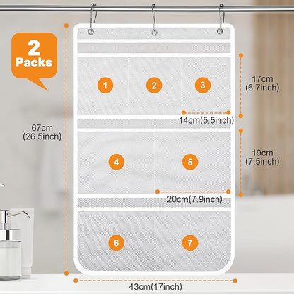 2 Pack Mesh Shower Hanging Caddy, 7 Pockets Hanging Shower Organizer with Metal Loop, Portable Bathroom Bag for Shampoo, Body Wash, Soap, and Cruise Ship Essentials