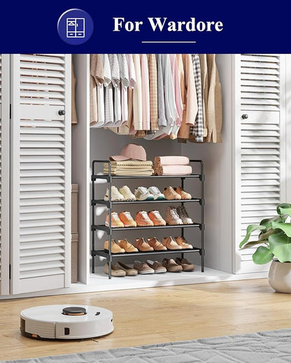 Kitsure Shoe Rack - 4-Tier Shoe Organizer with Handles & Non-Slip Feet, Rust-Resistant Metal Shoe Rack for Closet, Entryway, Bedroom, Living Room, 26.6" Wide - 4 Tiers, Black