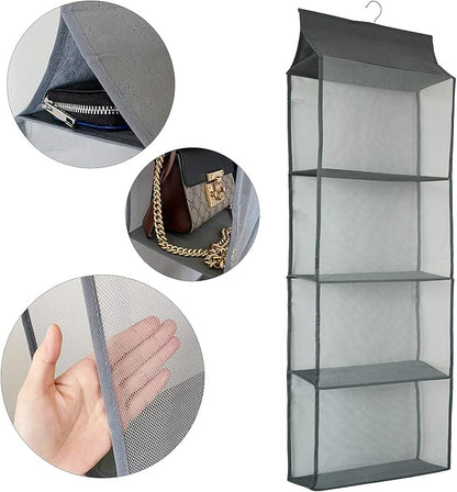 Closet Handbag Purse Holder, Space Saving Hanging Handbag Storage Tote Bag Organizer Holder with 4 Large Heavy-Duty Mesh Shelves for Wardrobe Closet(Gray)