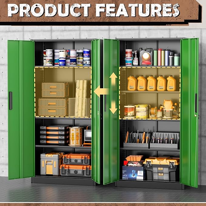 INTERGREAT Metal Lockable Storage Cabinet, 72” Storage Cabinet with 2 Doors and 4 Adjustable Shelves for Office, Home, Garage, Pantry (Assembly Required, Black Green)