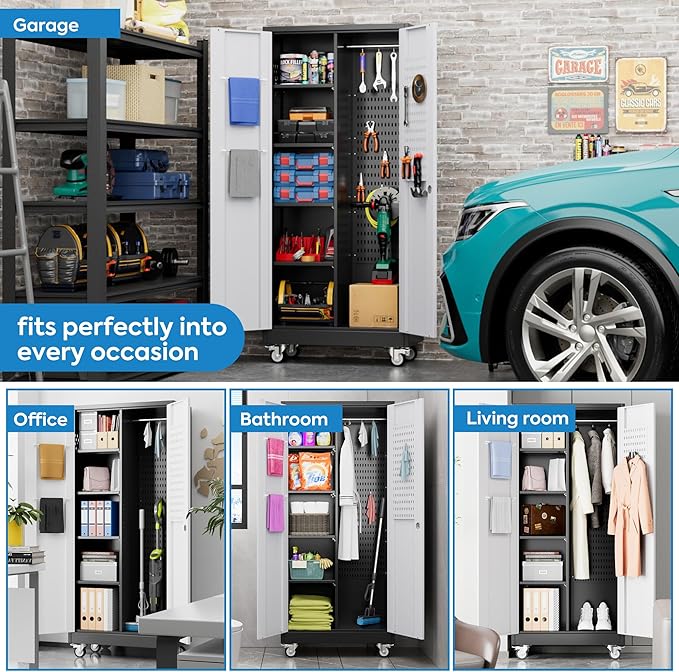 Metal Broom Closet Storage Cabinet, Garage Storage Cabinet with Wheels, Pegboard, Lockable Doors, 4 Adjustable Shelves for Garage, Home, Black and White, 71" H x 31.5" W x15.75 D