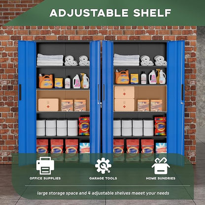 Greenvelly Metal Storage Cabinet, 72" Locking Metal Garage Storage Cabinet with Doors and 4 Adjustable Shelves, Lockable Steel Cabinet for Home Office, Garage, Shop, School (Blue 32" W x 16" D)