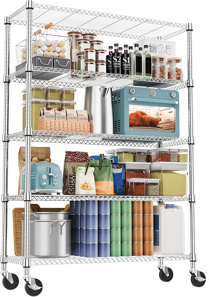 1750LBS 47.2" W 5 Tiers Storage Shelves Metal Shelving Unit with Wheels Heavy Duty Garage Shelving Adjustable Wire Shelves for Pantry,Kitchen,Garage,Basement,Chrome 17.7" D x 47.2" W x 76.8" H