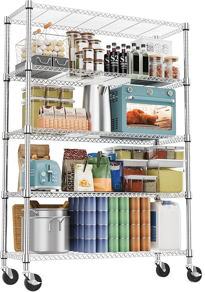 1750LBS 47.2" W 5 Tiers Storage Shelves Metal Shelving Unit with Wheels Heavy Duty Garage Shelving Adjustable Wire Shelves for Pantry,Kitchen,Garage,Basement,Chrome 17.7" D x 47.2" W x 76.8" H