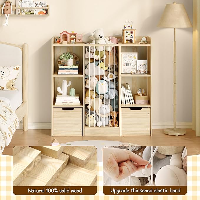 Toy Storage Organizer with Stuffed Animal Storage, Solid Pine Wooden Toy Organizer & Stuffed Animal Zoo, 4 Cubes Shelf with 2 Movable Drawers, 4 -in-1 Book Shelf for Kids Room, Playroom, Nursery