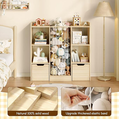 Toy Storage Organizer with Stuffed Animal Storage, Solid Pine Wooden Toy Organizer & Stuffed Animal Zoo, 4 Cubes Shelf with 2 Movable Drawers, 4 -in-1 Book Shelf for Kids Room, Playroom, Nursery