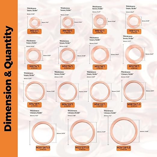 Copper Washers Assortment Kit, Crush Flat Washers for Oil Plugs, Drain Plugs, Banjo Bolts, Copper Sealing Washer Set with 15 Metric Sizes - 120 Pieces- M5, M6, M8, M10, M12, M14, M18, M20, M22, M24