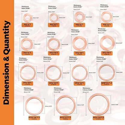 Copper Washers Assortment Kit, Crush Flat Washers for Oil Plugs, Drain Plugs, Banjo Bolts, Copper Sealing Washer Set with 15 Metric Sizes - 120 Pieces- M5, M6, M8, M10, M12, M14, M18, M20, M22, M24