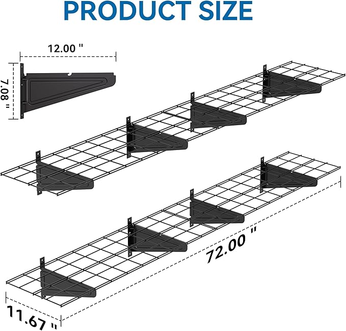 2-Pack 1x6ft Garage Wall Shelving, 12"x72" Shelf Storage Rack Floating Shelves Wall Mounted, Heavy Duty Storage Shelves, 800lbs Load Capacity, with 16 Hooks for Garage Organization, Black