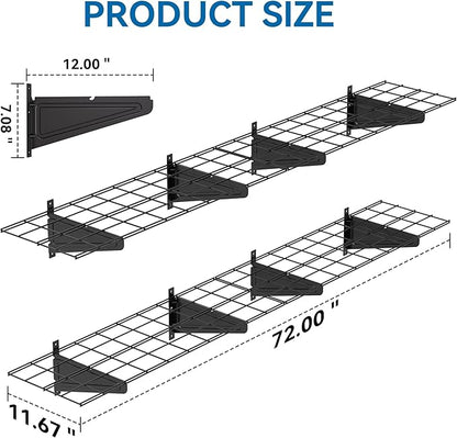 2-Pack 1x6ft Garage Wall Shelving, 12"x72" Shelf Storage Rack Floating Shelves Wall Mounted, Heavy Duty Storage Shelves, 800lbs Load Capacity, with 16 Hooks for Garage Organization, Black