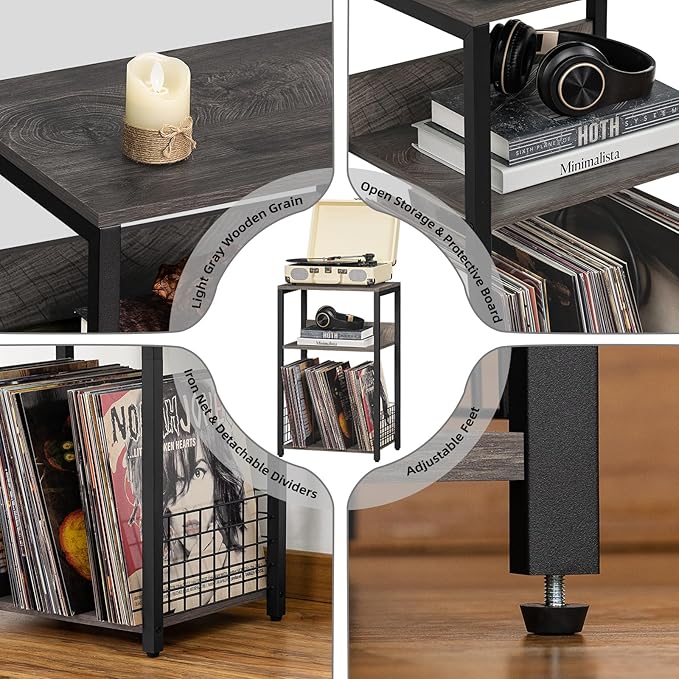 LELELINKY 3 Tier End Table,Record Player Stand with Storage Up to 100 Albums,Turntable Stand for Vinyl, Light Gray Records Shelf for Living Room Bedroom