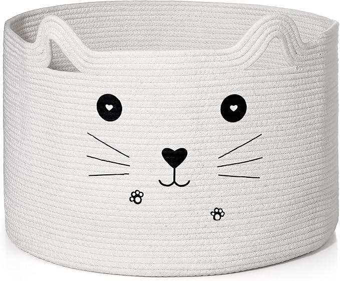 Zopeal Cat Basket Storage Woven Organizer with Ears Easter Decorative Gift Pet Toy Cute Cotton Rope Basket for Gift Cat Dog Toy Bin Nursery Room(21.7 x 13.8 Inch,White)